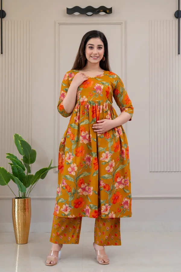 Yellow_Pure_Cotton_Floral_Print_Regular_Kurta_Palazzo_Set_For_Women