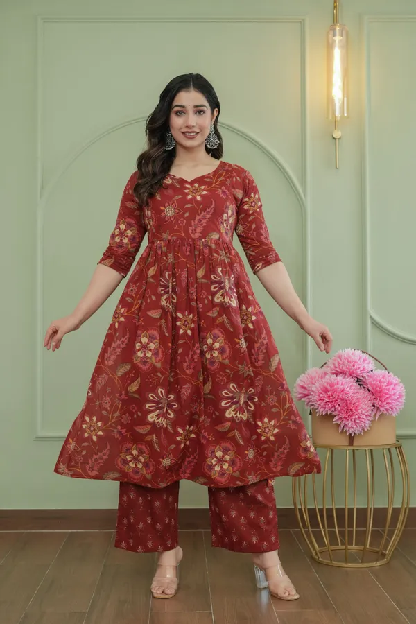 Red_Pure_Cotton_Floral_Print_Regular_Kurta_Palazzo_Set_For_Women