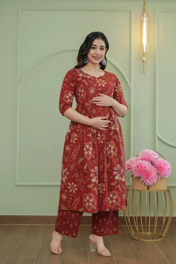 Red_Pure_Cotton_Floral_Print_Regular_Kurta_Palazzo_Set_For_Women
