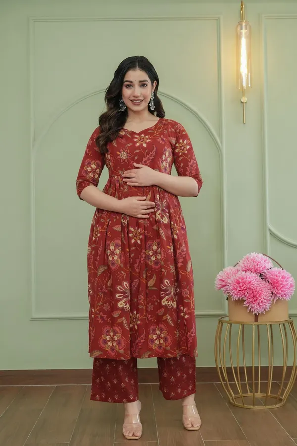 Red_Pure_Cotton_Floral_Print_Regular_Kurta_Palazzo_Set_For_Women