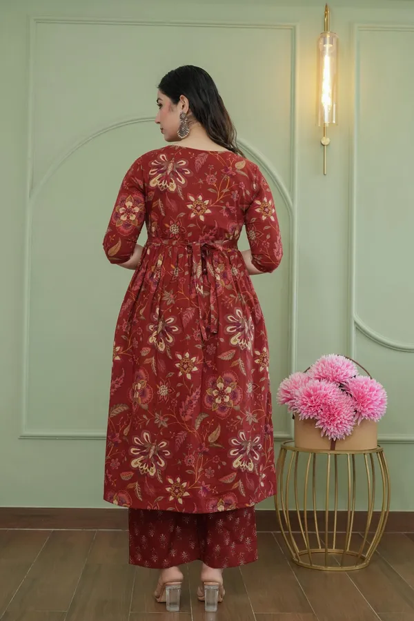 Red_Pure_Cotton_Floral_Print_Regular_Kurta_Palazzo_Set_For_Women