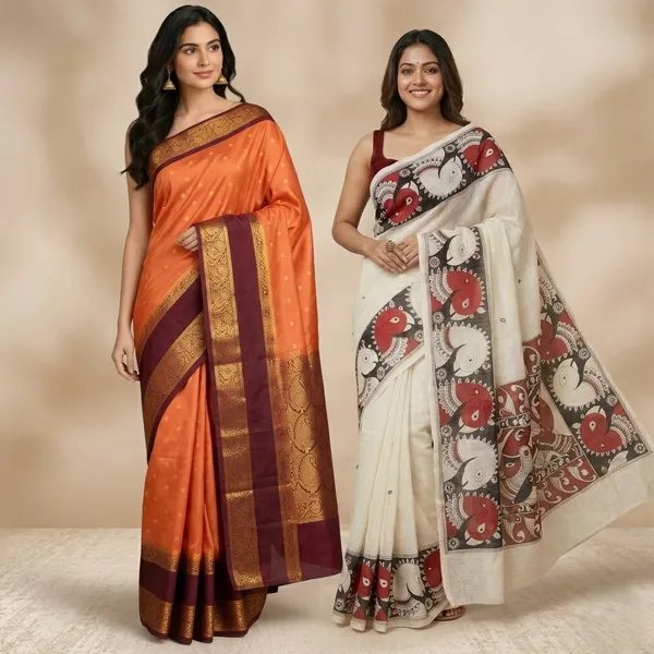 Off_White_And_Orange_Premium_Saree_For_Women_Pack_of_2