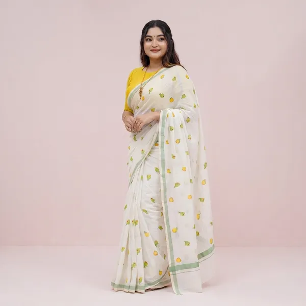 Yellow_And_White_Lenin_Cotton_Premium_Saree_For_Women