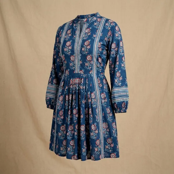 Teal_Blue_Cotton_Printed_Mini_Dress_For_Women