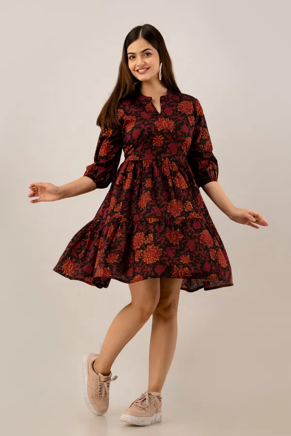 Maroon_Cotton_Floral_Mini_Dress_Set_For_Women