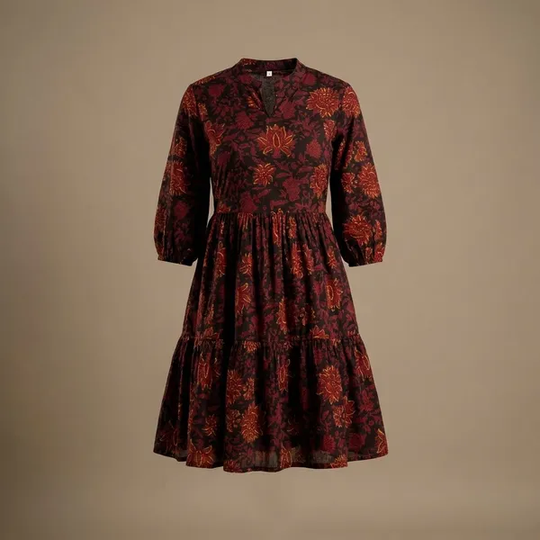 Maroon_Cotton_Floral_Mini_Dress_Set_For_Women