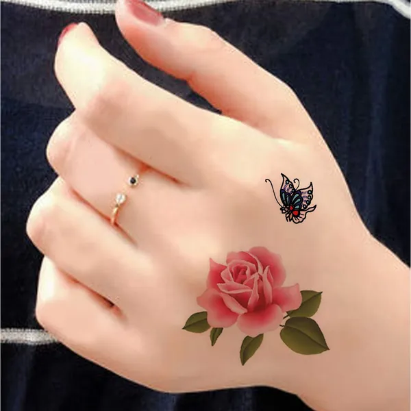 3D_Pink_Rose_With_Butterfly_Design_Temporary_Tattoo_pack_of_2