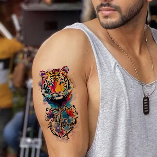 Colourful_Tiger_With_Hook_Butterfly_Temporary_Tattoo