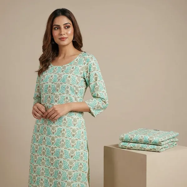 Turquoise_Green_Premium_Cotton_Geometric_Kurti_Set_For_Women