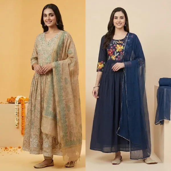 Beige_And_Navy_Blue_Premium_Cotton_Embroidered_Anarkali_Suit_With_Dupatta_For_Women_(Pack_Of_2)