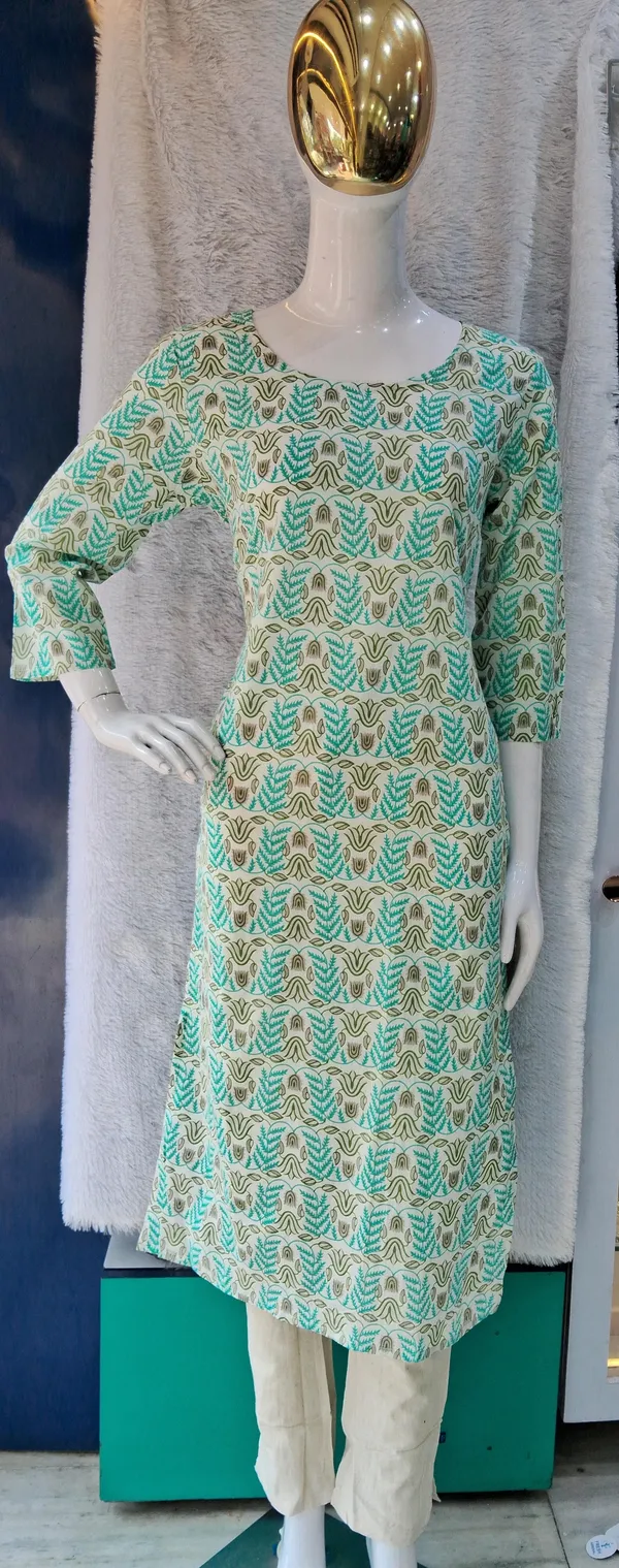 Turquoise_Green_Premium_Cotton_Geometric_Kurti_Set_For_Women