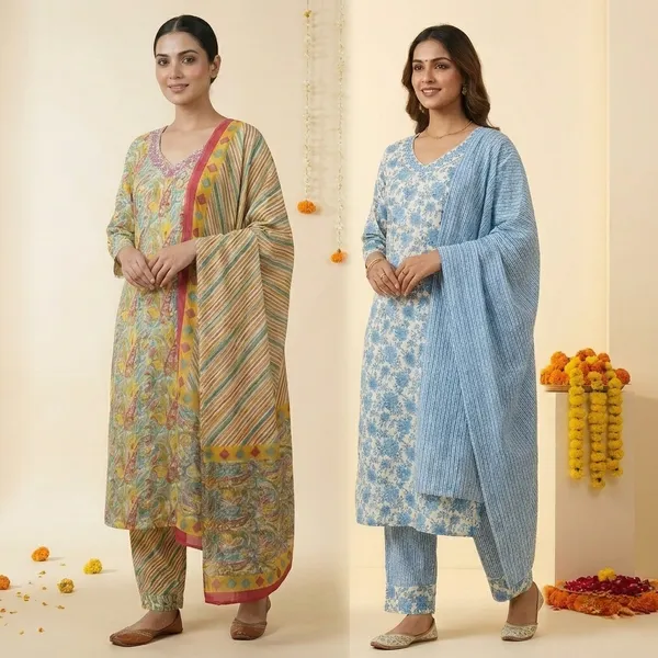 Olive_And_Blue_Premium_Cotton_Printed_Kurta_Set_With_Pant_&_Dupatta_For_Women_(Pack_Of_2)