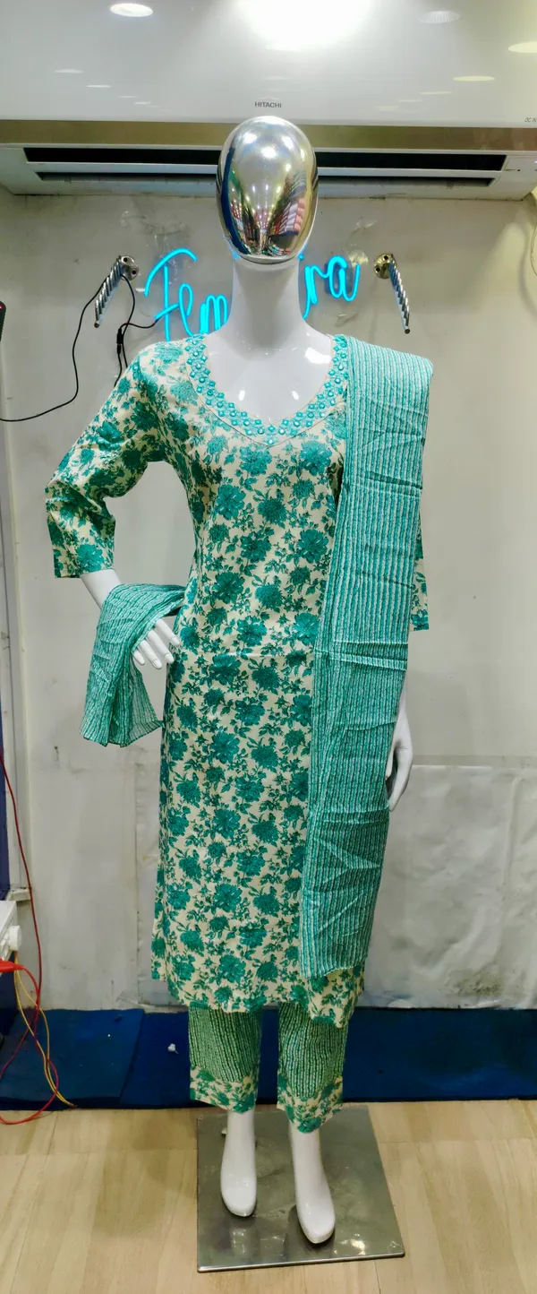 Turquoise_Premium_Cotton_Floral_Print_Kurti_Set_With_Dupatta_For_Women