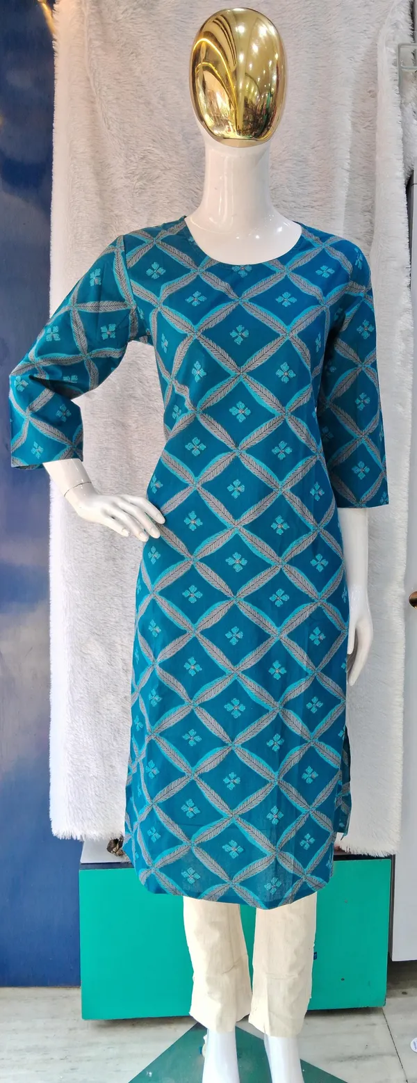 Teal_Blue_Premium_Cotton_Geometric_Print_Kurti_Set_For_Women