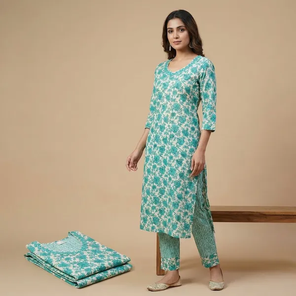Turquoise_Premium_Cotton_Floral_Print_Kurti_Set_With_Dupatta_For_Women