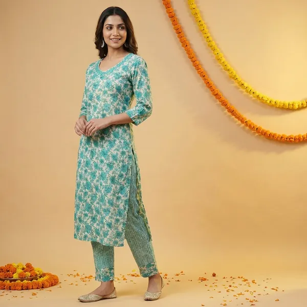 Turquoise_Premium_Cotton_Floral_Print_Kurti_Set_With_Dupatta_For_Women