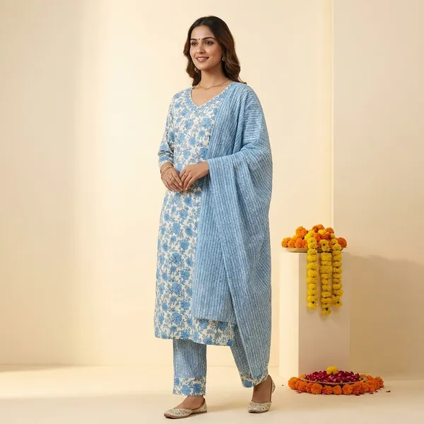 Blue_Premium_Cotton_Floral_Print_Kurti_Set_With_Dupatta_For_Women