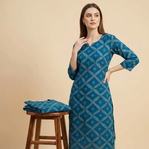 Teal_Blue_Premium_Cotton_Geometric_Print_Kurti_Set_For_Women