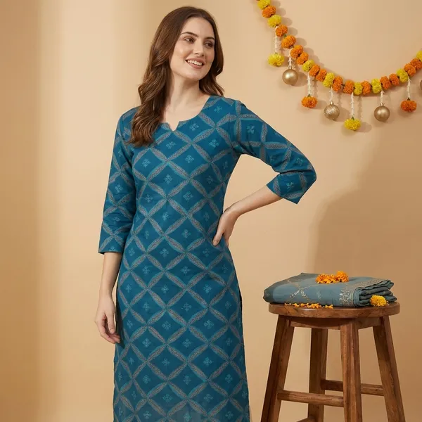 Teal_Blue_Premium_Cotton_Geometric_Print_Kurti_Set_For_Women