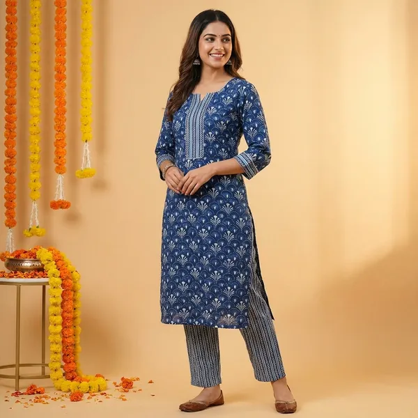 Blue_Premium_Cotton_Floral_Print_Kurta_Set_For_Women