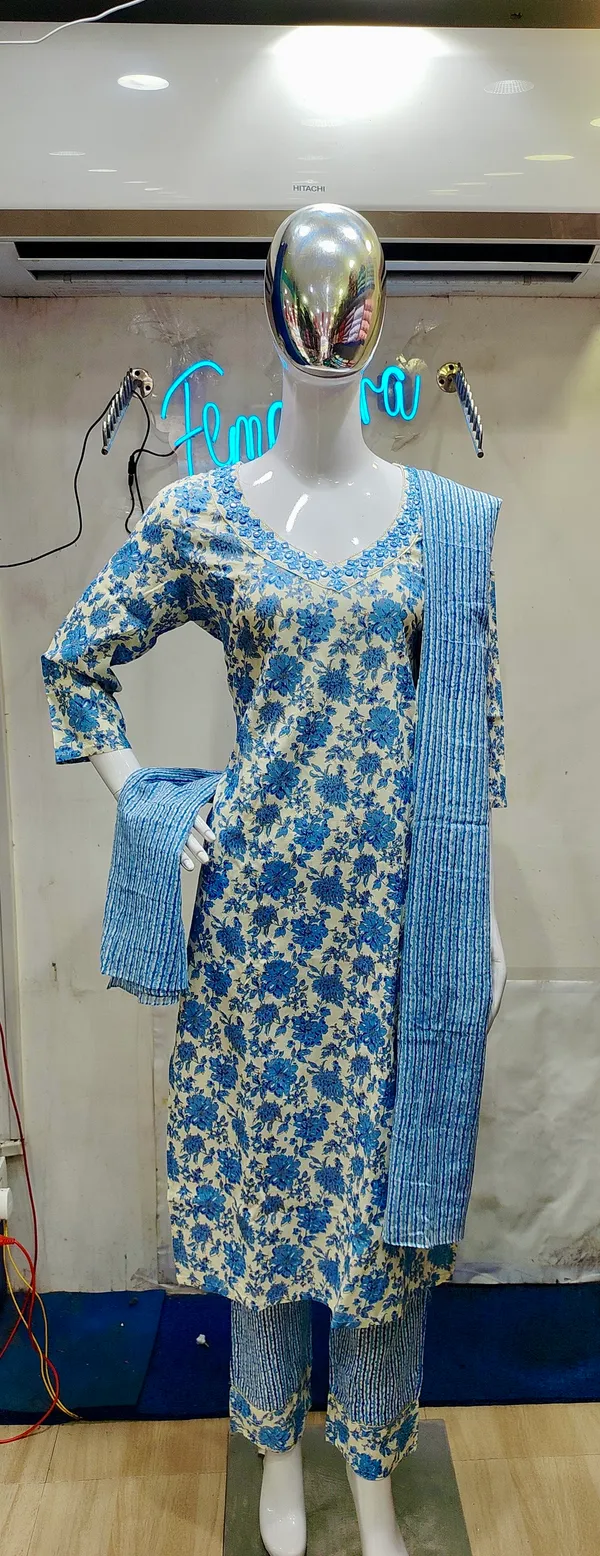 Blue_Premium_Cotton_Floral_Print_Kurti_Set_With_Dupatta_For_Women
