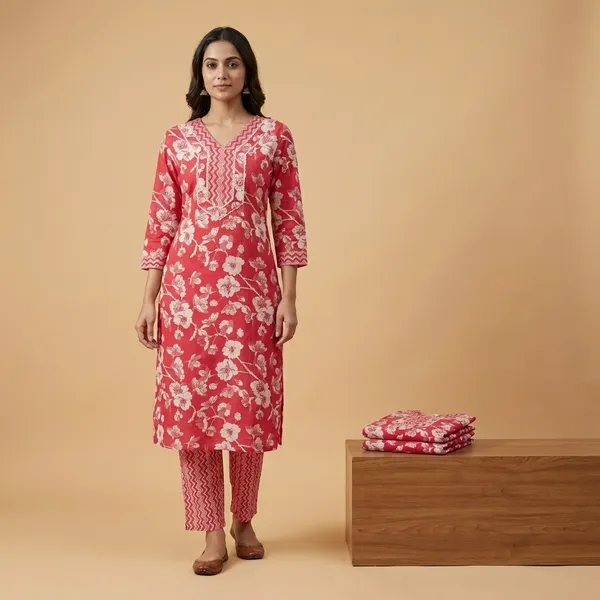 Red_Premium_Cotton_Floral_Printed_Kurti_Set_For_Women