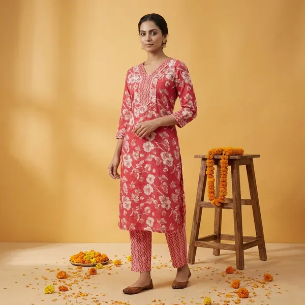 Red_Premium_Cotton_Floral_Printed_Kurti_Set_For_Women