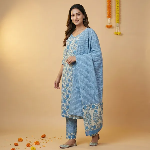 Olive_And_Blue_Premium_Cotton_Printed_Kurta_Set_With_Pant_&_Dupatta_For_Women_(Pack_Of_2)