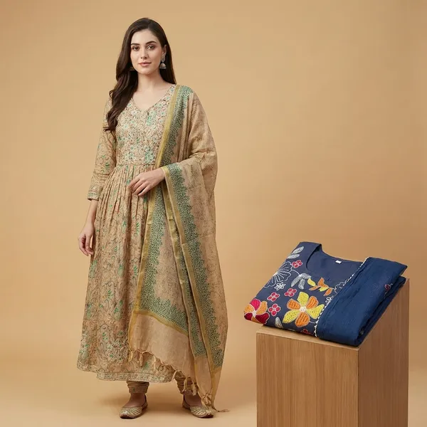 Beige_And_Navy_Blue_Premium_Cotton_Embroidered_Anarkali_Suit_With_Dupatta_For_Women_(Pack_Of_2)