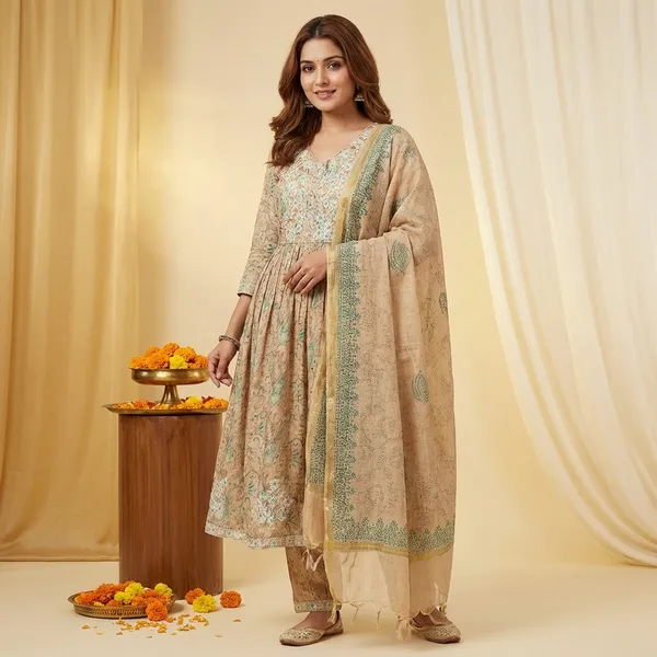 Beige_And_Navy_Blue_Premium_Cotton_Embroidered_Anarkali_Suit_With_Dupatta_For_Women_(Pack_Of_2)