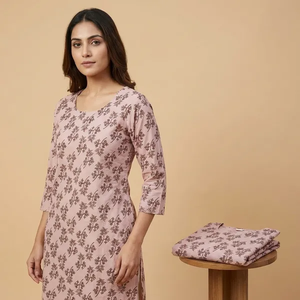 Peach_Premium_Cotton_Floral_Embroidered_Kurti_Set_For_Women