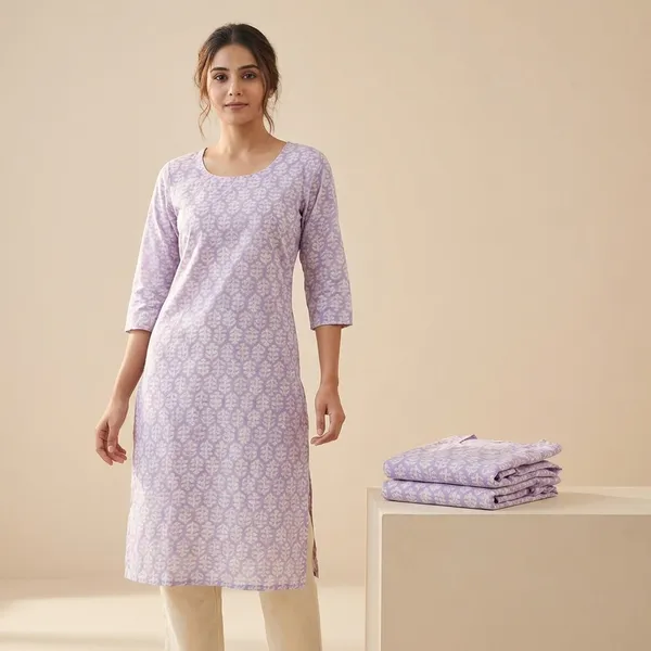 Lavender_Premium_Cotton_Block_Print_Kurta_Set_For_Women