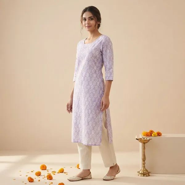 Lavender_Premium_Cotton_Block_Print_Kurta_Set_For_Women