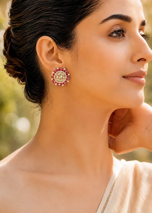 Maharani_Floral_Polki_Ruby_Stud_Earrings