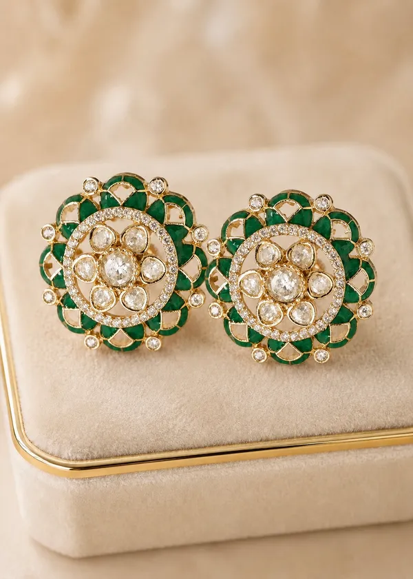 Maharani_Floral_Polki_Emerald_Stud_Earrings