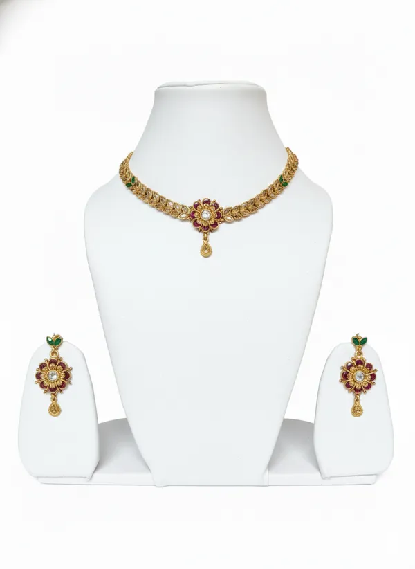 Gold_Traditional_Toned_Necklace_Set_With_Floral_Pendant_And_Matching_Earrings_For_Women