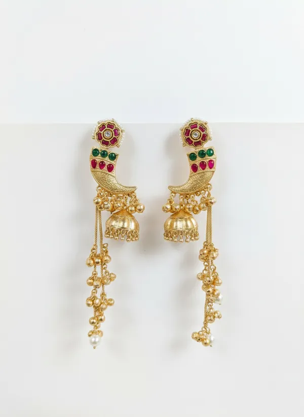 Gold_And_White_Traditional_Toned_Peacock_Jhumka_Earrings_With_Meenakari_Work_Pearl_Chains_For_Women