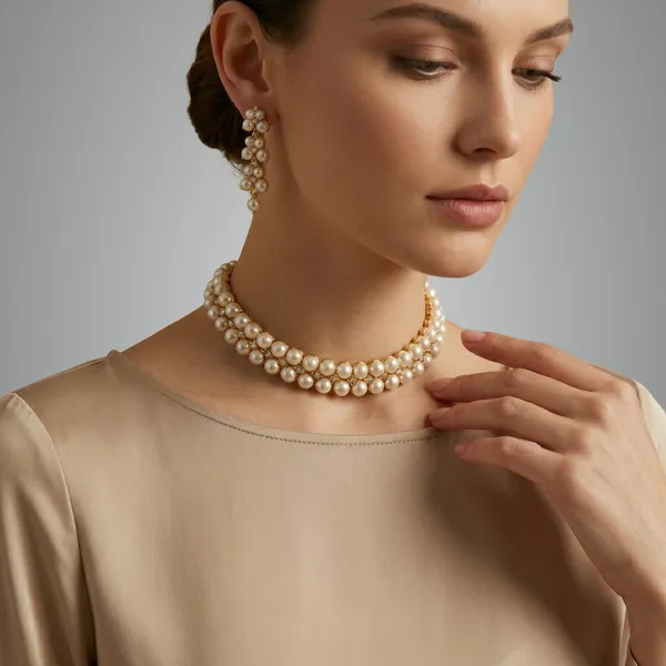 White_And_Gold_Elegant_Pearl_Choker_Necklace_Set_With_Matching_Earrings_For_Women