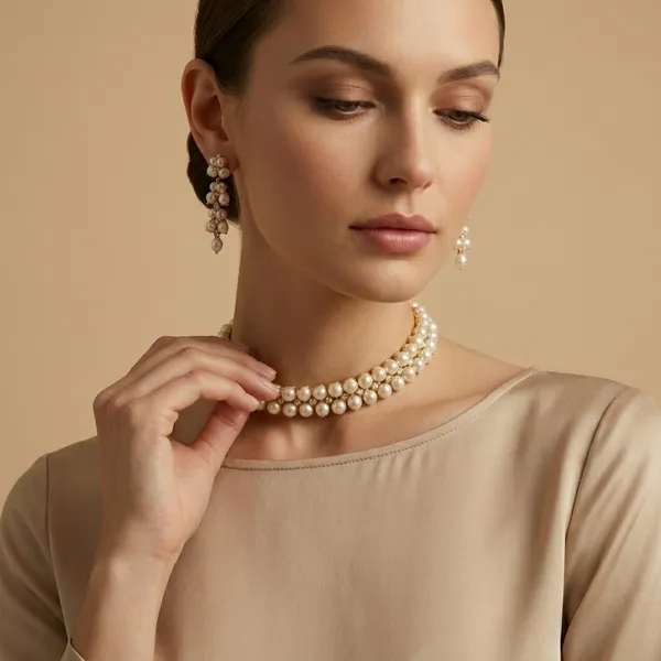 White_And_Gold_Elegant_Pearl_Choker_Necklace_Set_With_Matching_Earrings_For_Women