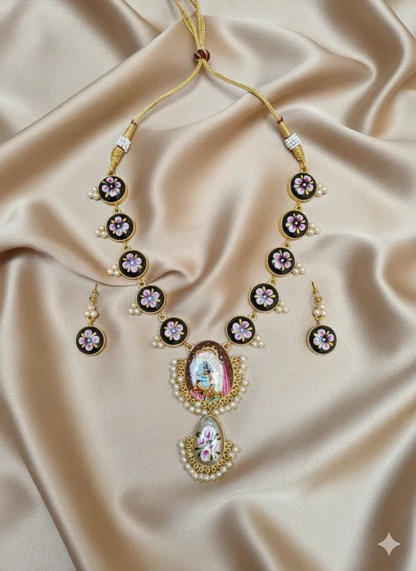 Black_And_Gold_Traditional_Meenakari_Necklace_Set_With_Radha_Krishna_Pendant_Pearl_Detailing_For_Women