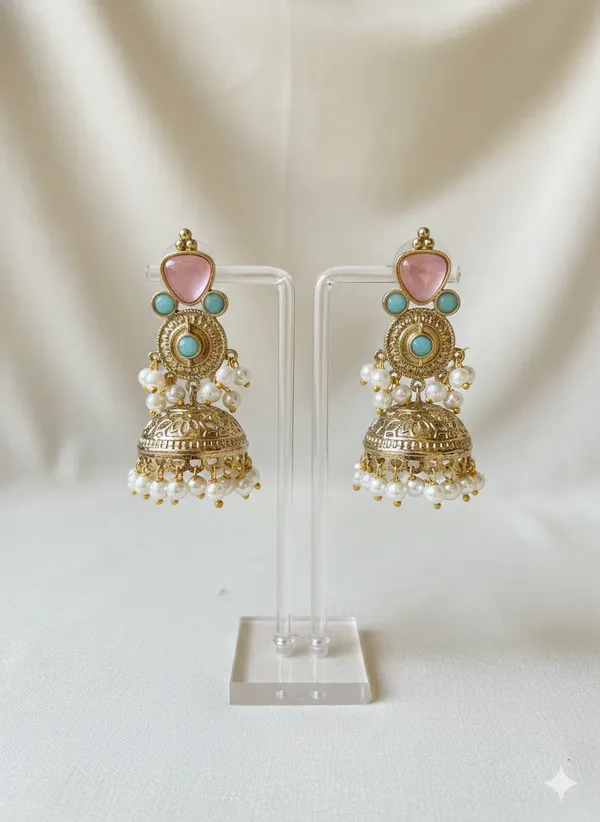 Pink_And_Turquoise_Ethnic_Jhumka_Collection_Stone_Traditional_Gold_Toned_Earrings_With_Pearl_Dangles_For_Women