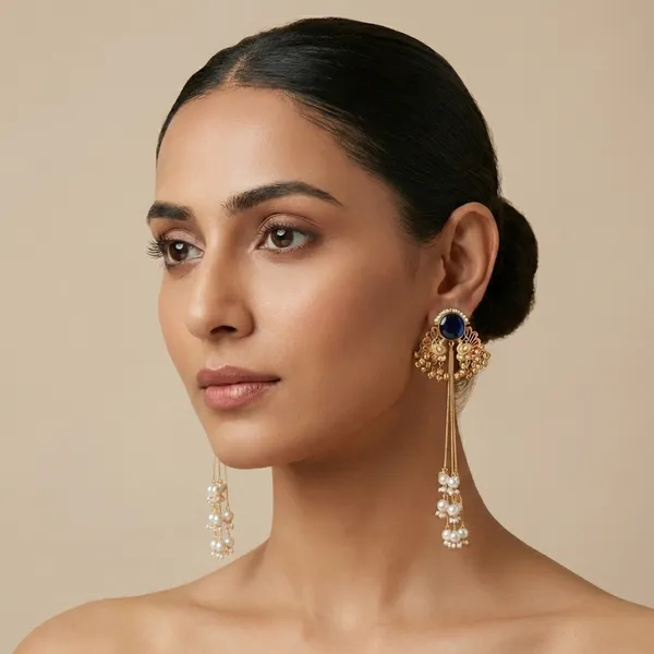Blue_And_Gold_White_Elegant_Toned_Pearl_Drop_Earrings_With_Stone_Intricate_Detailing_For_Women