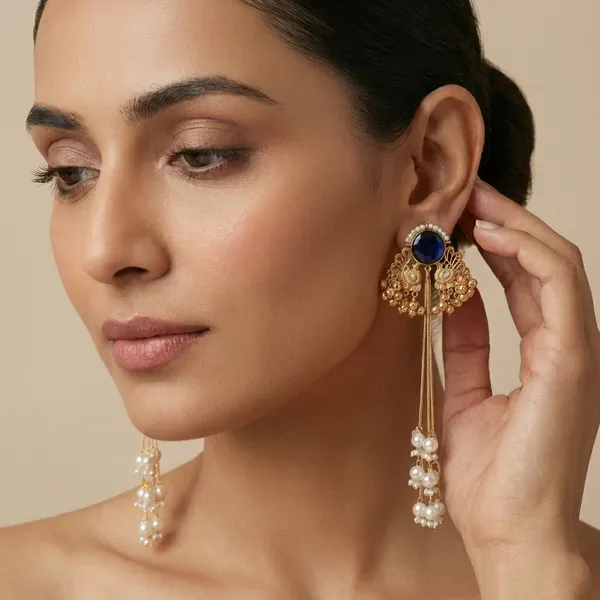 Blue_And_Gold_White_Elegant_Toned_Pearl_Drop_Earrings_With_Stone_Intricate_Detailing_For_Women