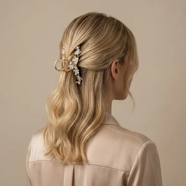Gold_And_Green_White_Elegant_Toned_Floral_Hair_Claw_Clip_With_Pearl_Stone_Accents_For_Women