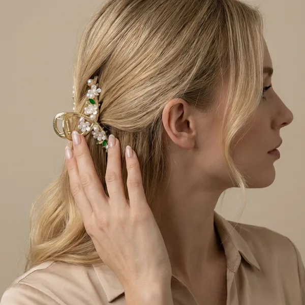 Gold_And_Green_White_Elegant_Toned_Floral_Hair_Claw_Clip_With_Pearl_Stone_Accents_For_Women