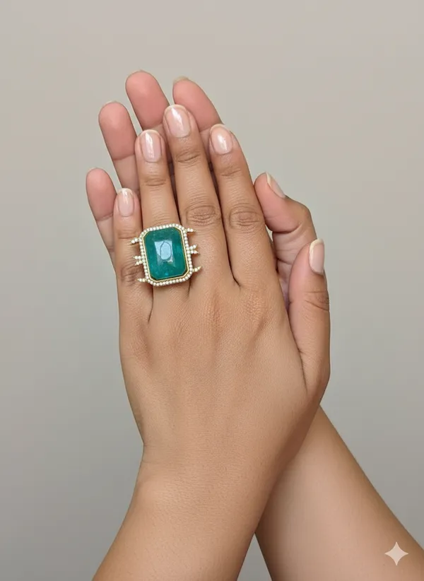 Emerald_Green_Stone_Statement_Cocktail_Ring_Gold_Plated_Adjustable_Fashion_For_Women
