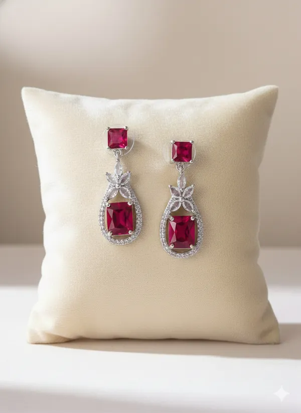 Ruby_Red_And_Silver_Elegant_Crystal_Drop_Earrings_With_Tone_Detailing_For_Women