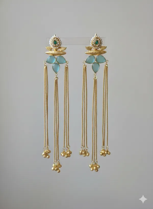 Turquoise_And_Gold_Heirloom_Lotus_Chandlaire_Earrings_Toned_With_Stones_For_Women