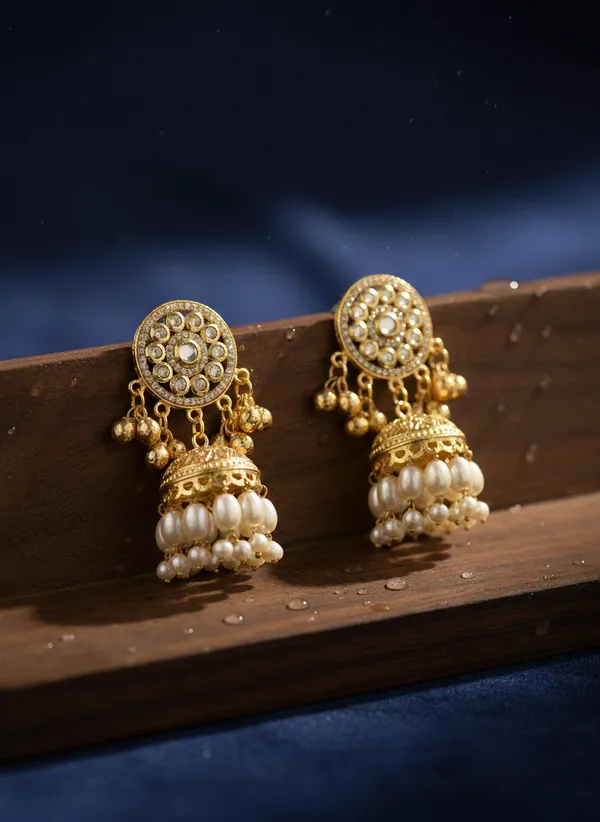 Gold_And_White_Elegant_Golden_Pearl_Jhumka_Earrings_With_Kundan_Work_For_Women