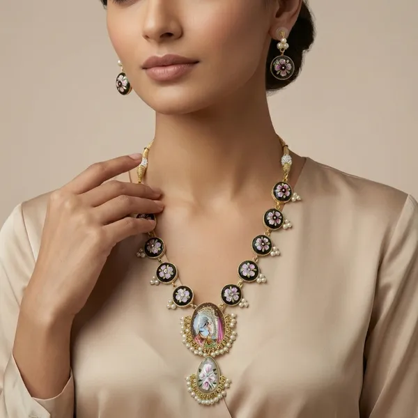 Black_And_Gold_Traditional_Meenakari_Necklace_Set_With_Radha_Krishna_Pendant_Pearl_Detailing_For_Women